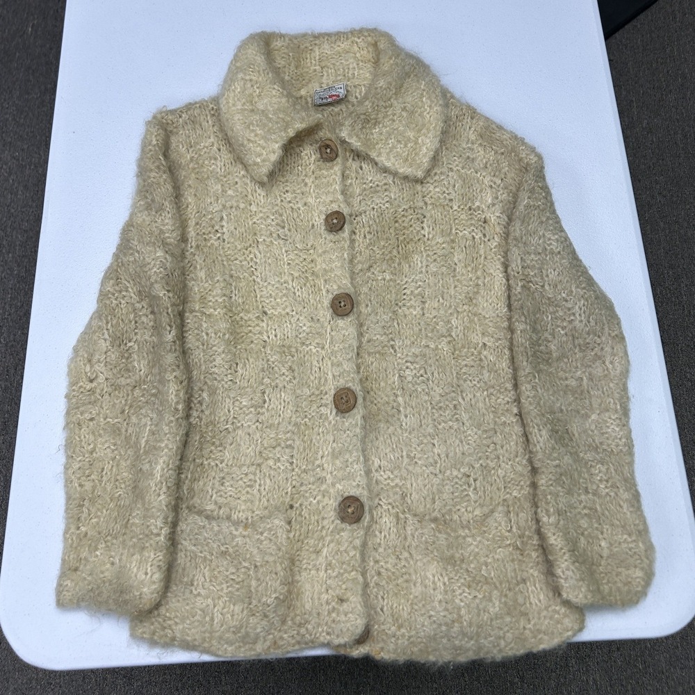 Avoca Handweavers Cardigan Sweater Womens M Cream Wool Hand Woven Ireland